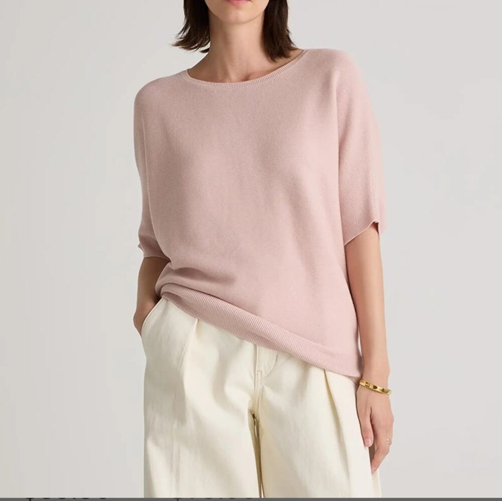 Quince Lightweight Cotton Cashmere Link Stitch Dolman Sweater size M Sugar Stone